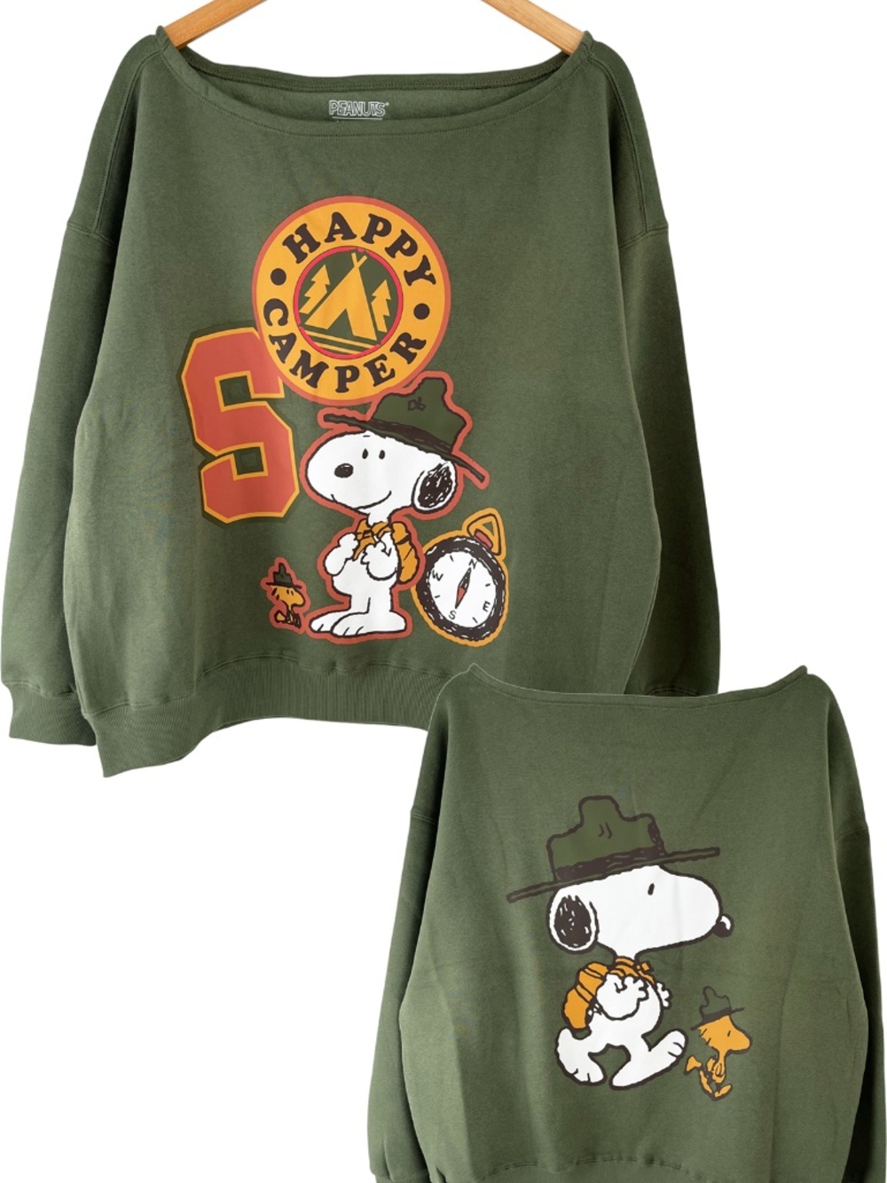 NWOT Peanuts Snoopy Women’s Sweatshirt Off The Shoulder Happy Camper Graphic